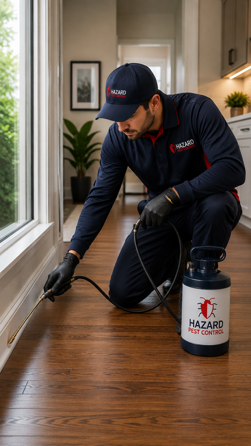 Hazard Pest Control technician treating a hallway
