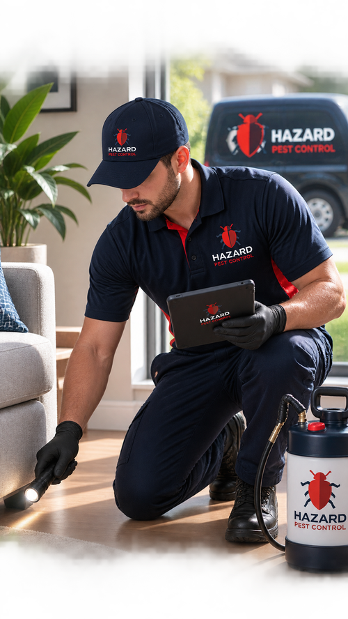 Hazard Pest Control technician inspecting a living room